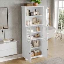 57.4 X 28.5 X 160cm Badezimmer-Hochschrank Mit Stauraum, Volllackierung, Glasschranktür, Holzschranktür, Zwei Offene Ablagefächer, Verstellbare Trennwände, Einfache Textur, White - White - View 7
