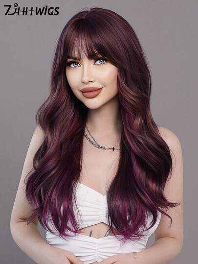 7JHH WIGS High Quality 22 Inch Wavy Purple Hair Wig With Bangs Fluffy Synthetic Curly Wig Mix Violet Highlights, Full Machine Heat-Resistant Fiber Glueless Wig For Women Daily Cosplay Wear, Music Festivals Party Accessory Y2K Style