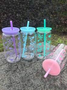 1pc 16oz Plastic Water Bottle With Bow Print, Comes With Reusable Colored Straws, Suitable For Storing Ice Cubes, Juice, Coffee, Water, Ideal Gift For Sisters And Friends. Available In Multiple Colors, Can Be Used As Car Cup, Office Coffee Cup, Daily Water Cup, And Valentine's Day Gift. - Multicolor - View 2