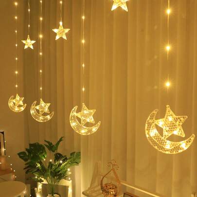 2m/6.56ft Inch Ramadan Star Moon LED Curtain Decoration Light String | Suitable For Ramadan, Valentine's Day, New Year, Cafes, Bedroom Walls, Wedding Parties, Room Window Decoration - Battery Powered, Battery Free