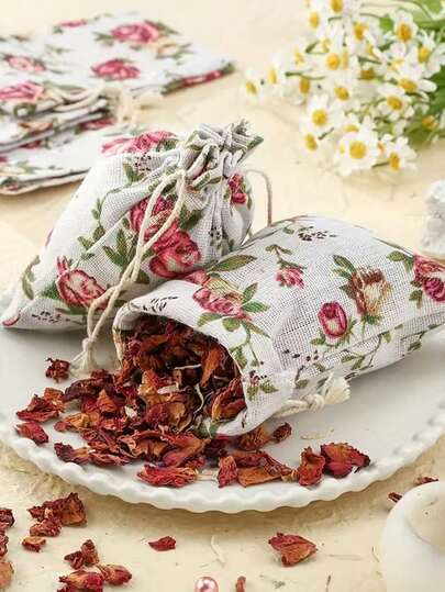 10个10*14厘米花卉图案束口袋，乡村风亚麻布袋，礼品袋，回礼包装，适用于婚礼、家庭聚会、日常收纳、主题派对