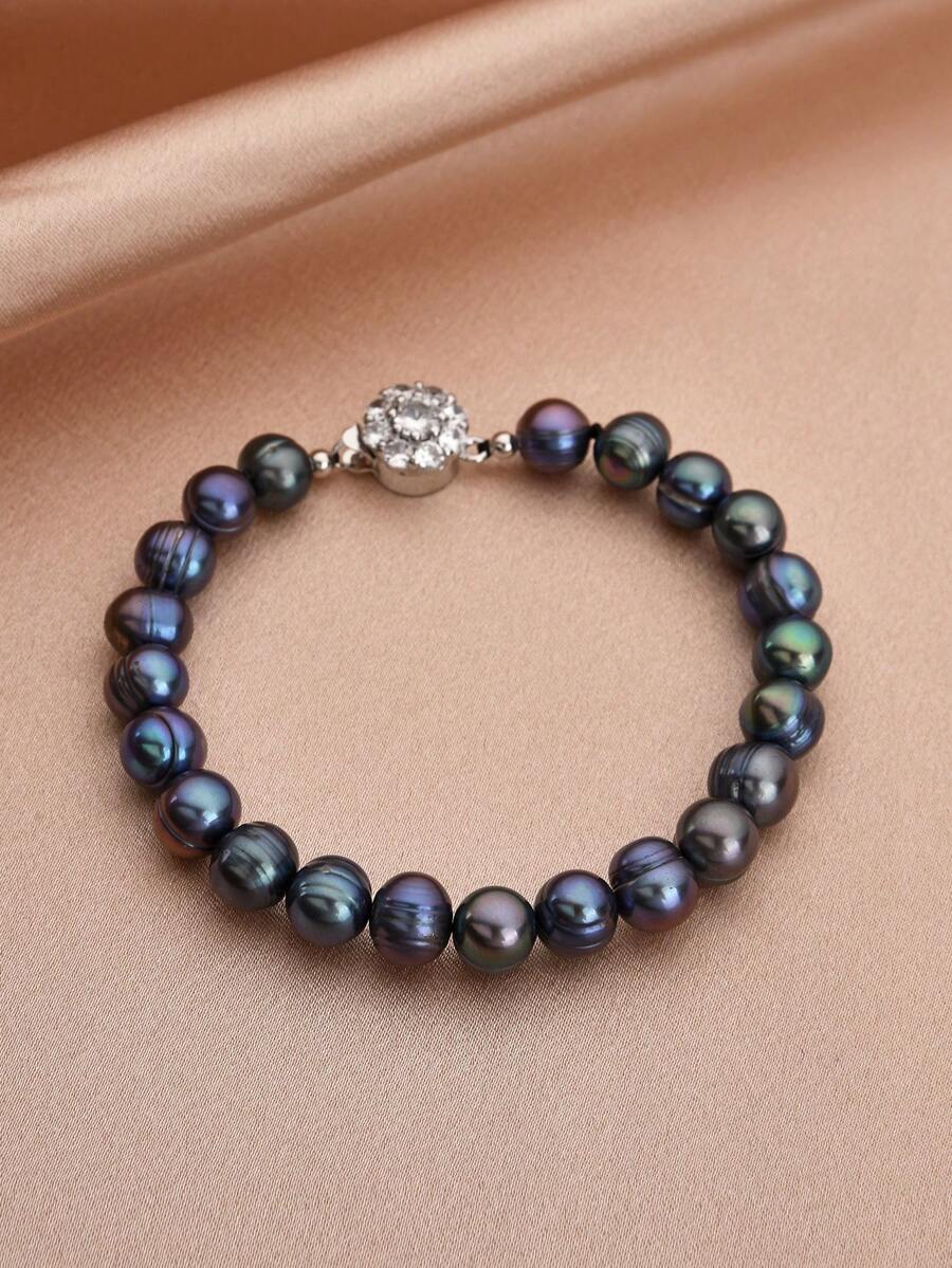 1pc 18K Gold Plated Natural Pearl Bracelet, Suitable As Women's Birthday Gift Or For Evening Wear - Black - View 1