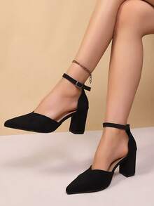 黑色优雅镂空踝带尖头粗跟时尚高跟鞋，女士时尚正装鞋，春秋新款