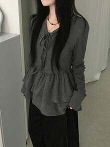 2025 Ruffle Hem/Frill Trim Casual Spring/Autumn Women Long Sleeve Cardigan Top - Grey - View 4