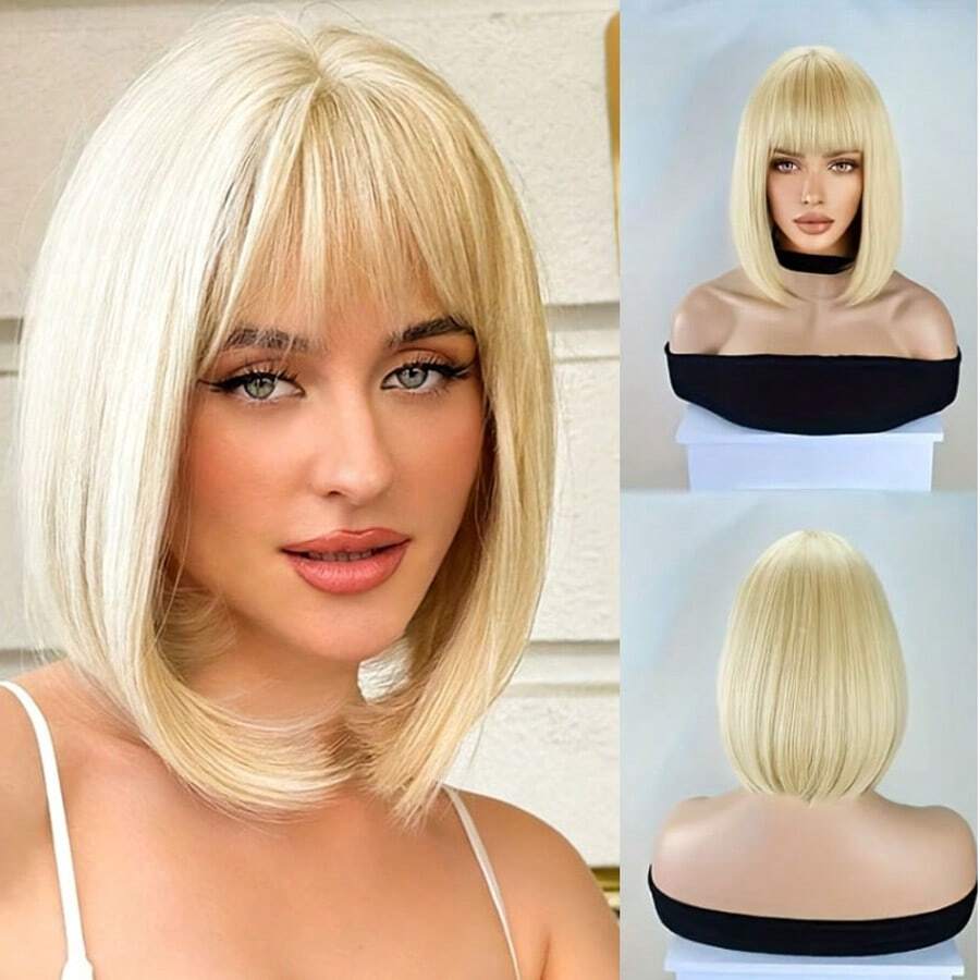 باروكة بوب ذهبية أنيقة مقاس 12 بوصة مقاومة للحرارة كثيفة الكثافة مع غرة، مناسبة للارتداء اليومي والحفلات