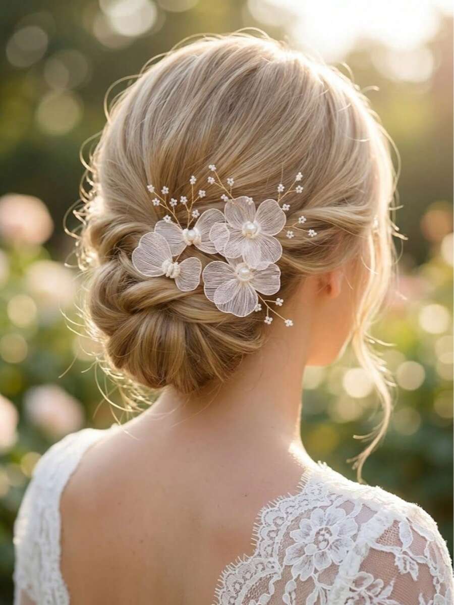 3pcs/Set Romantic White Sheer Floral U-Shaped Hair Clips, Handmade Beaded Pearl Bridal Headpiece, Suitable For Bridesmaids Hairstyles