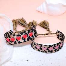 1pc Fashionable & Elegant Leopard Print Embroidered Red Heart Handmade Braided Bracelet, Suitable As Gift For Female Friends, Family, Holiday Party - Leopard - View 4
