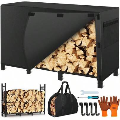 Estantería para leña de exterior con cubierta, estantería para leña de exterior de 4 pies con portador de troncos, ganchos para leña, soporte de metal para leña, soportes para almacenamiento de madera para chimenea, terraza y interior