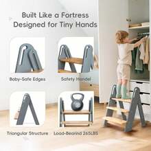 Taburete de madera escalonado para niños pequeños, taburete escalonado para niños para el lavabo del baño, taburete plegable para entrenamiento de ir al baño con almohadillas antideslizantes y asas, escalera de madera para niños pequeños para la encimera de la cocina, gris - Gris - Ver 4
