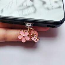 1pc 2-In-1 Pink Cherry Blossom+26 Letter Phone Charging Port Dust Plug, Exquisite, Fresh, Sweet, Cute And Fashionable Alloy Accessory Pendant, Smartphone Tablet Headphone Kindle Charging Port Decoration Accessory, Silicone Transparent Dust Plug, Suitable For Giving Small Gifts To People, Waterproof