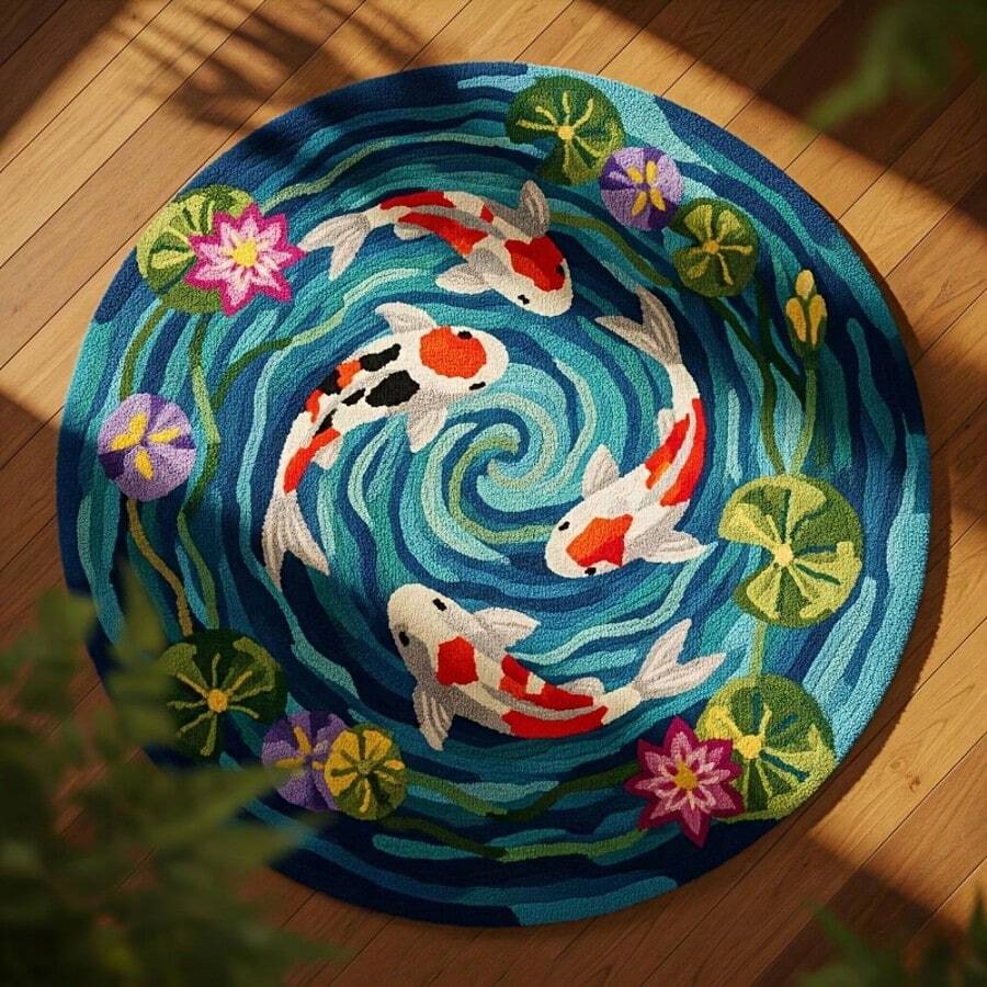 1 Peça Tapete Redondo Vibrante de Lago de Carpas, Design de Onda Artística com Padrão de Peixes Carpas & Folha de Lótus - Estilo Boêmio, Tamanho Assimétrico com Tolerância de Aparagem de 1-5cm, Tapete Decorativo, Decoração de Quarto, Tapete Pequeno, Tapete, Decoração de Casa, Tapete de Sala de Estar, Tapete Pequeno de Sala de Estar, Tapete de Quarto, Decoração de Sala de Estar, Tapete Externo, Tapete Lavável, Tapete Felpudo, Tapete Shaggy - Multicolorido - Visão 1