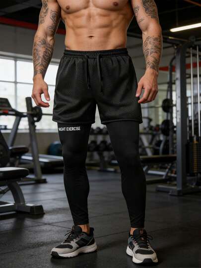 男士透气二合一压缩裤，男士运动裤，吸湿排汗，凉爽透气，适合健身房、锻炼、跑步等运动，可机洗