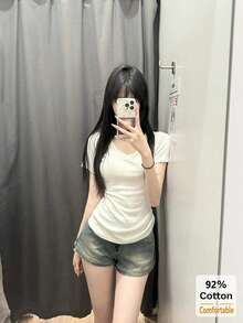 女款V領短袖T恤，百搭純色修身休閒白色夏季款，透氣 - 白色 - 查看 2