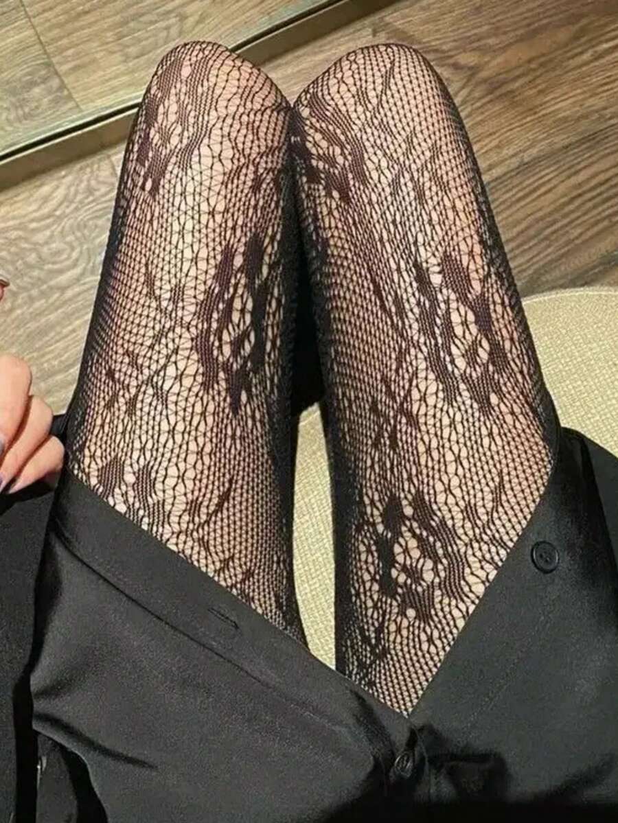 1pc Rose Jacquard Black Fishnet Tights For Women - Black - View 1
