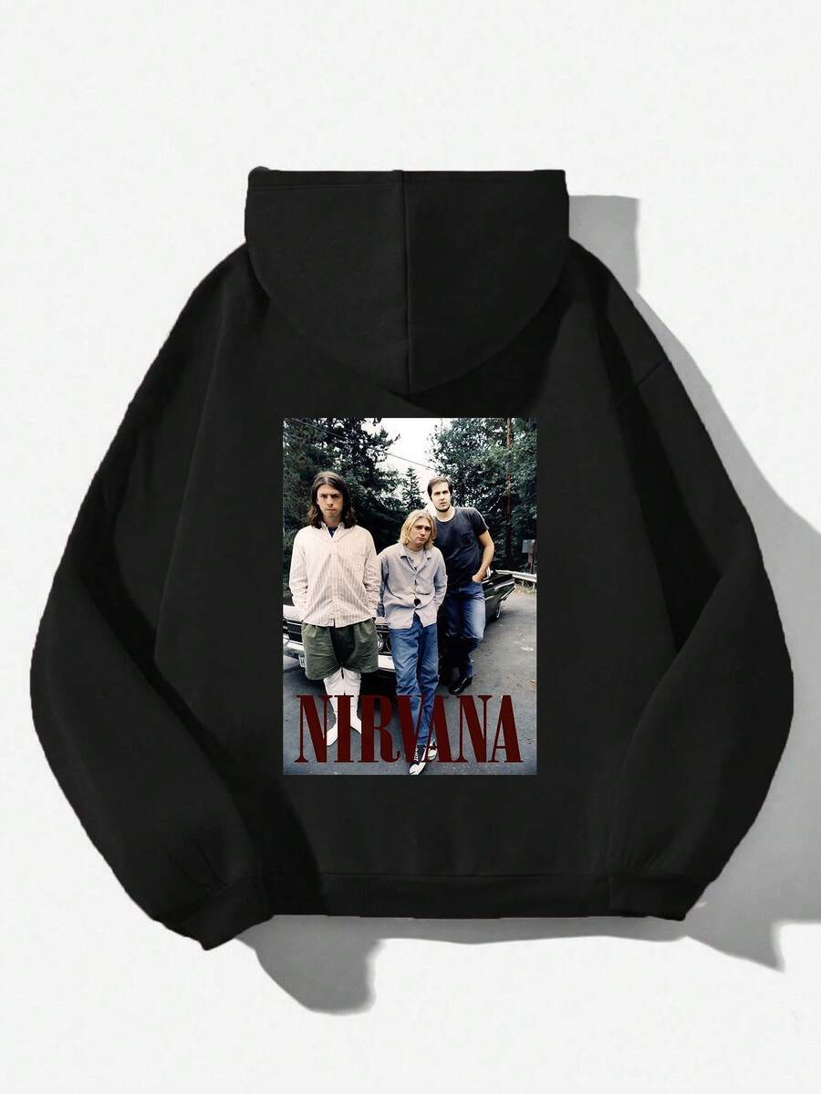 NirvanaS-KurtCoS Pullover Hoodies Printed Hoodies Mens And Womens Hoodies Vintage Unisex Hoodie With Pockets Long Sleeve,Men'S And Women's Graphic Hoodie, Long Sleeve, Hooded, Slight Stretch, Geometric Pattern, Regular Fit, Knit Fabric, For Autumn And Winter - 黑色10 - 查看 1