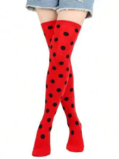 派对化妆舞会装饰道具袜子表演派对角色扮演七星瓢虫红黑波点袜子波点爱心长筒袜