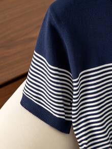Women's Summer New Fashionable Casual Breathable Thin Striped Knit Sweater, Colorblock, Versatile For Daily And School Wear - Royal Blue - View 3
