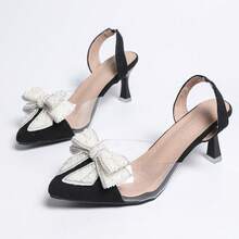 Women's Elegant Pearl Bow Pointed Toe Stiletto High Heel Shoes, Backless Party Dress Sandals - Black - View 8