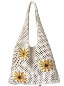 1pc Knitted Tote Bag With Chrysanthemum Pattern, Partial Jacquard Chrysanthemum Knitting Craft, Women's Shoulder Bag, Polyester Material - Multicolor - View 7