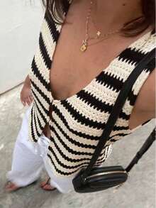 Chaleco de punto de mujer LUBI con diseño de bloques de color y rayas, sin mangas, escote en V profundo, corto, de tela transpirable, con parches superpuestos, con un toque sexy para la playa, uso diario, té de la tarde, Año Nuevo, Día de San Valentín, casual de verano - Multicolor - Ver 3