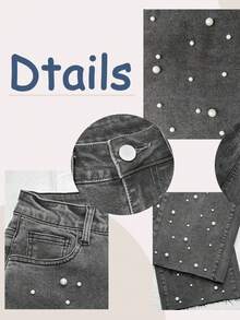 Women's Elegant Pearl Embellished Washed Gray Wide Leg Jeans, Versatile For Daily, Commute, Date