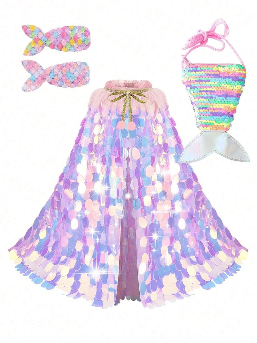 4 Peças Conjunto de Capa de Sereia Princesa com Lantejoulas, Capa com Lantejoulas, Presilha de Cabelo, Acessórios de Cauda, Conjunto de Fantasia de Princesa, Adequado para Fantasias, Páscoa, Halloween, Aniversário, Natal, Festa, Também um Pequeno Presente para Amigos - Capa grande de lantejoulas + grampo de cabelo + bolsa estilo rabo de peixe - Visão 1