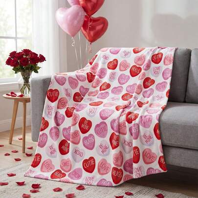 Valentine Flannel Blanket Throw, Pink Hearts With Words Soft Fuzzy Plush Cozy Fleece Blankets For Couch Sofa Bed Lounging, Ideal Gifts For Adults Wife Self