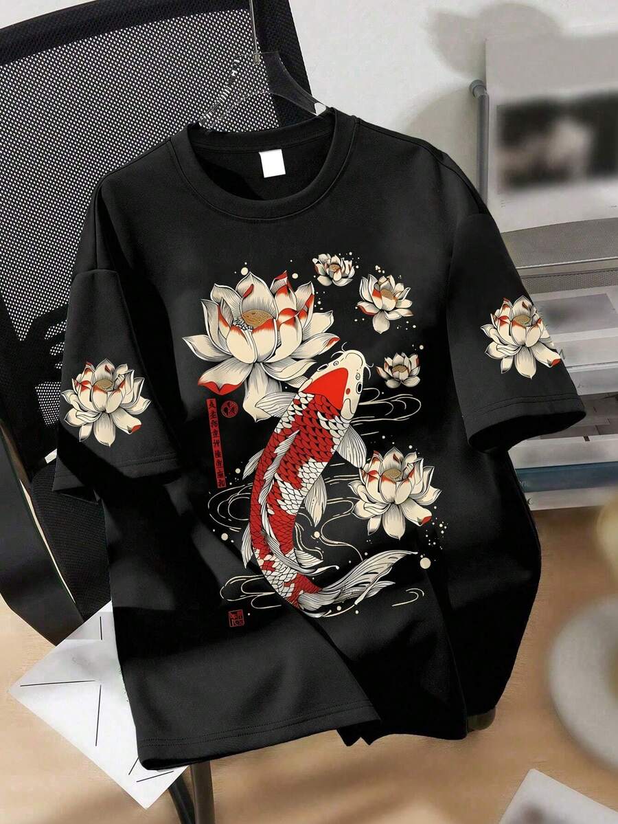 1 chiếc áo thun phong cách Trung Quốc họa tiết cá Koi cho bé gái tuổi teen, họa tiết hoa sen phong cách Ukiyo-E, mềm mại và thoải mái, phù hợp cho mùa xuân và mùa hè - màu đen - Xem 1