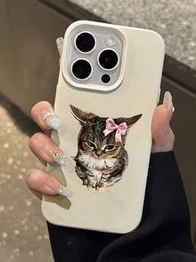 1pc White Matte Lychee Texture Cute Cat With Pink Bow Soft Phone Case, Waterproof Shockproof Slip-Resistant, High-Quality Gift For Friends, Family, Couples, Birthday, Holiday, Compatible With Apple// Phones - Multicolor - View 4