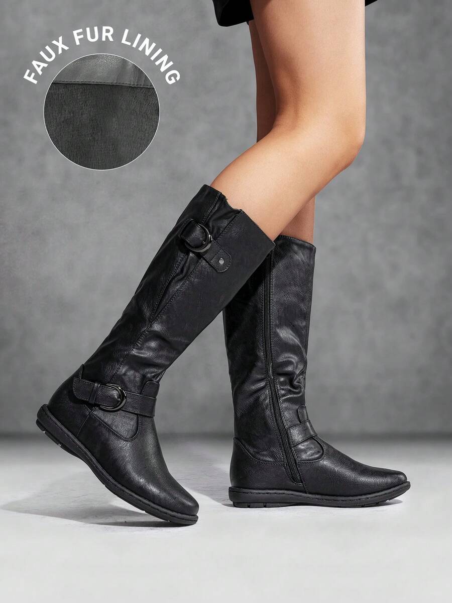 Women's Faux Furs-Lined Knee High Winter Boots - BLACK/PU - View 1