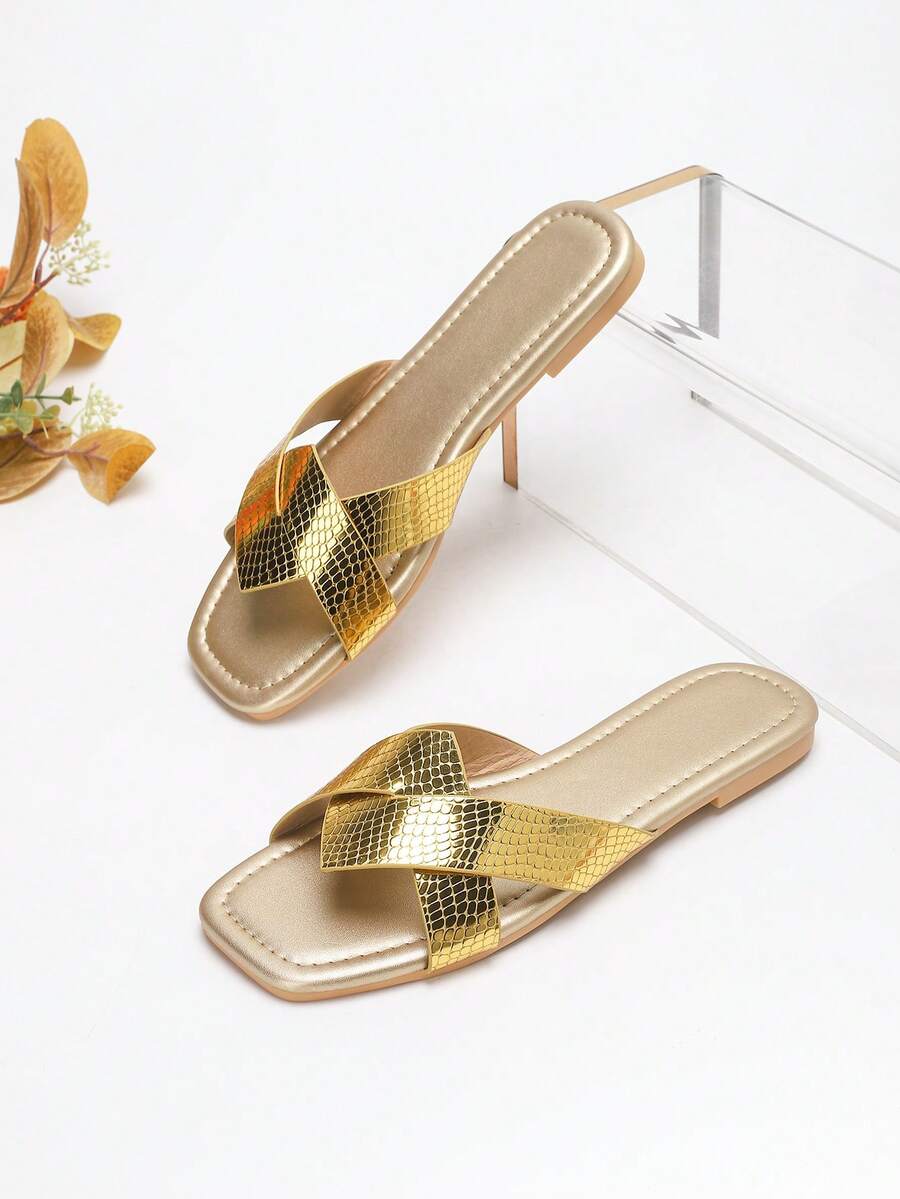 Spring/Summer Fashion Square Toe Criss-Cross Strap Slip-On Sandals, Elegant & Comfortable Vacation, Party, Casual, Beach Wear PU Leather Flat Sandals For Women - Gold - View 1