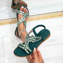 Women's Emerald Green Floral Rhinestone Wedge Sandals – Ladies Sandals With Wedge Thick Sole, Sparkling Crystal Embellished Open-Toe Design, Elastic Ankle Strap For Summer Beach Vacation & Casual Wear - 綠色 - 查看 12