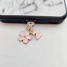 1pc 2-In-1 Pink Cherry Blossom+26 Letter Phone Charging Port Dust Plug, Exquisite, Fresh, Sweet, Cute And Fashionable Alloy Accessory Pendant, Smartphone Tablet Headphone Kindle Charging Port Decoration Accessory, Silicone Transparent Dust Plug, Suitable For Giving Small Gifts To People, Waterproof
