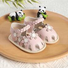 1双幼儿女童时尚百搭可爱花朵图案魔术贴凉鞋，适合0-1岁女婴学步，1-12个月婴儿鞋，适合春、秋、夏季穿着。 - 粉色 - 查看 8