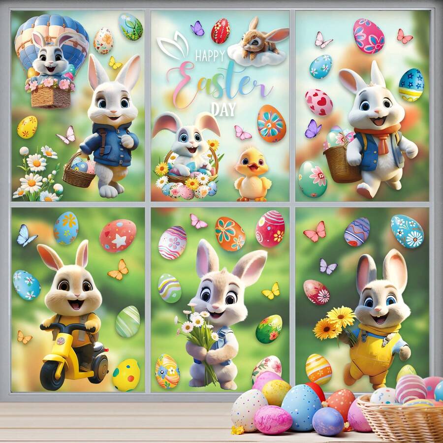 一套9片复活节兔子和彩蛋窗贴，包含热气球、蝴蝶、花卉图案，可移除双面静电贴，适用于春季卧室、客厅、阳台和展示窗装饰。 - 彩色 - 查看 1