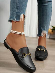 Women's Closed Toe Slip-On Sandals, Fashion Small Metal Chain Hollow Slippers, Non-Slip Outdoor Slides - Black - View 3