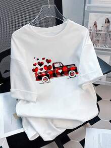 Plus Size Women's Valentine's Day Buffalo Plaid Truck T-Shirt - Red Heart Graphic Casual Loose Crew Neck Valentine's Day Gift . Suitable For Daily, Outing, Holiday, Beach Party, Music Festival, Vacation, Commuting Wear. White - White - View 10