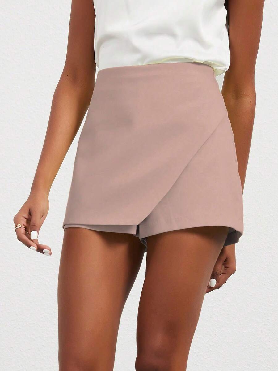 Se-Helo Fashion Casual Versatile Solid Color Asymmetric Skirt Shorts - Dusty Pink Summer - Red Bean Paste Nude Pink - View 1