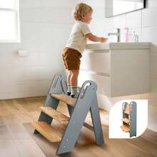 Taburete de madera escalonado para niños pequeños, taburete escalonado para niños para el lavabo del baño, taburete plegable para entrenamiento de ir al baño con almohadillas antideslizantes y asas, escalera de madera para niños pequeños para la encimera de la cocina, gris - Gris - Ver 8