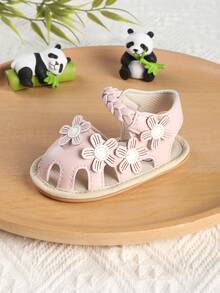 1双幼儿女童时尚百搭可爱花朵图案魔术贴凉鞋，适合0-1岁女婴学步，1-12个月婴儿鞋，适合春、秋、夏季穿着。 - 粉色 - 查看 4
