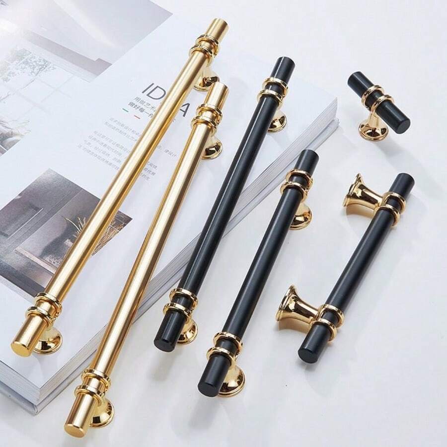 1个现代黑金橱柜把手，实心抽屉旋钮，锌合金底座和铝合金轴，时尚家具五金件 - 金色 - 查看 1