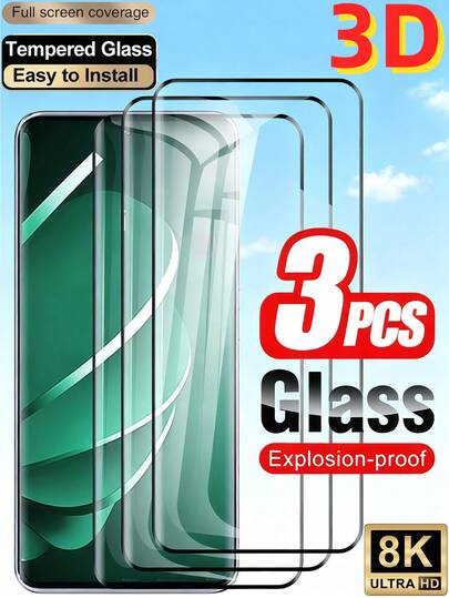 3片装3D曲面钢化玻璃膜，9H硬度，防爆防刮，超高清手机屏幕保护膜，兼容三星Galaxy S26 S25 S24 S23 Ultra/小米17 15 13 12 14 Ultra Pro/Note 14 15 13 Pro+ 4G 5G/Reno/荣耀Magic 5/6/7/8 Pro Lite 90 100 200 400 500/华为等多种曲面机型，触感顺滑，自动吸附，支持指纹识别，保护壳