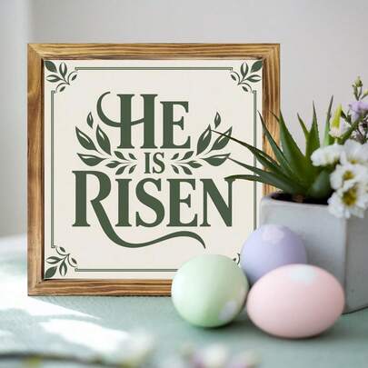 1pc Classic Wooden "He Has Risen" Wall Hanging - Multipurpose 8x8 Inch Rustic Wooden Framed Decor, Suitable For Home, Living Room, Bedroom, Entryway - Ideal Easter Gift, Wall Art, No Electricity Needed