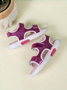 Girls Shiny Stylish Summer Hook And Loop Cute Simple Fashion Casual Sandals, Toddler Outdoor Beach Shoes, Students Breathable Lightweight Comfortable Children Sports Sandals