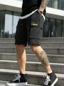 Men's Lightweight Casual Shorts, Fashion Striped Multi-Pocket Cargo Pants, Summer - Black - View 9