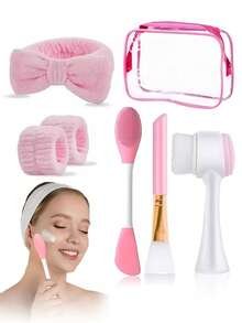 2/3/4/6/7pcs Silicone Beauty Facial Cleansing Brush Set (1 Double-Sided Face Mask Brush + 1 Makeup Brush + 1 Double-Sided Facial Brush + 2 Wrist Bands + 1 Hair Band) - Women Daily Skincare Portable Travel Set / Makeup / Hair Styling - Multi-Functional Combo - Face Mask Brush | Facial Brush | Hair Tie | Makeup Brush | Beauty Brush