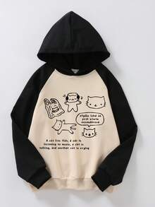 1件可爱活泼的猫咪主题撞色宽松连帽卫衣，长袖，适合返校季和毕业季穿着。 - 杏色 - 查看 2