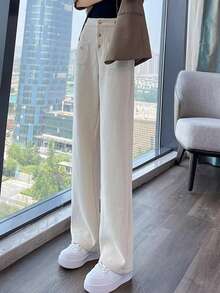 1件纯色涤纶口袋纽扣女式长裤，[腰围可调节]，宽松灯芯绒裤，休闲裤，适合办公室、假日、学校、度假、居家日常穿着，春、秋、冬三季皆宜。 - 杏色 - 查看 7