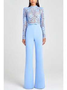 Jumpsuits For Woman Winter Clothes For Women One Piece Jumpsuit  New Years Outfit Women Lace Trim Fringed Pants, See-Through And Sexy One-Piece Pants - 天藍色 - 查看 3