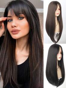长直发假发片，棕黑色，60厘米，透气自然，带稀疏头顶刘海，可遮盖白发和头顶脱发，轻盈舒适，适合女性佩戴。 - 彩色 - 查看 1